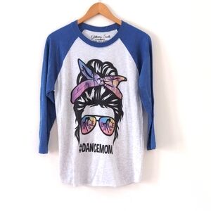 NWOT Dance Mom Messy Bun Baseball Raglan Long Sleeve T-shirt Sz Small Blue Gray